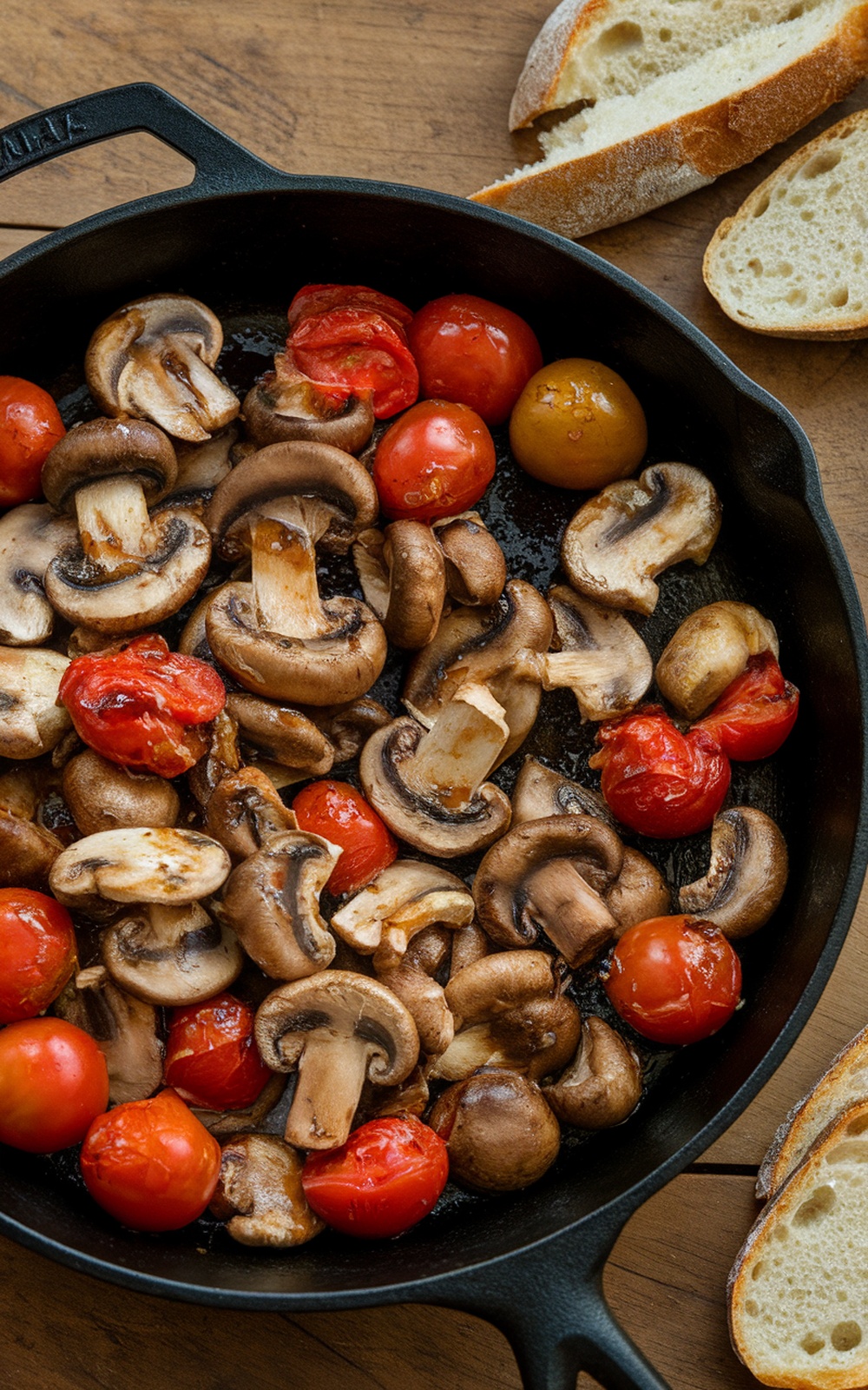 Rustic skillet with sautéed mushrooms and cherry tomatoes, served with crusty bread.